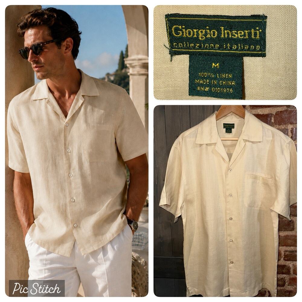 Giorgio Inserti Italian Luxury Linen Mens M Camp Shirt Beige Single Stitch Beach